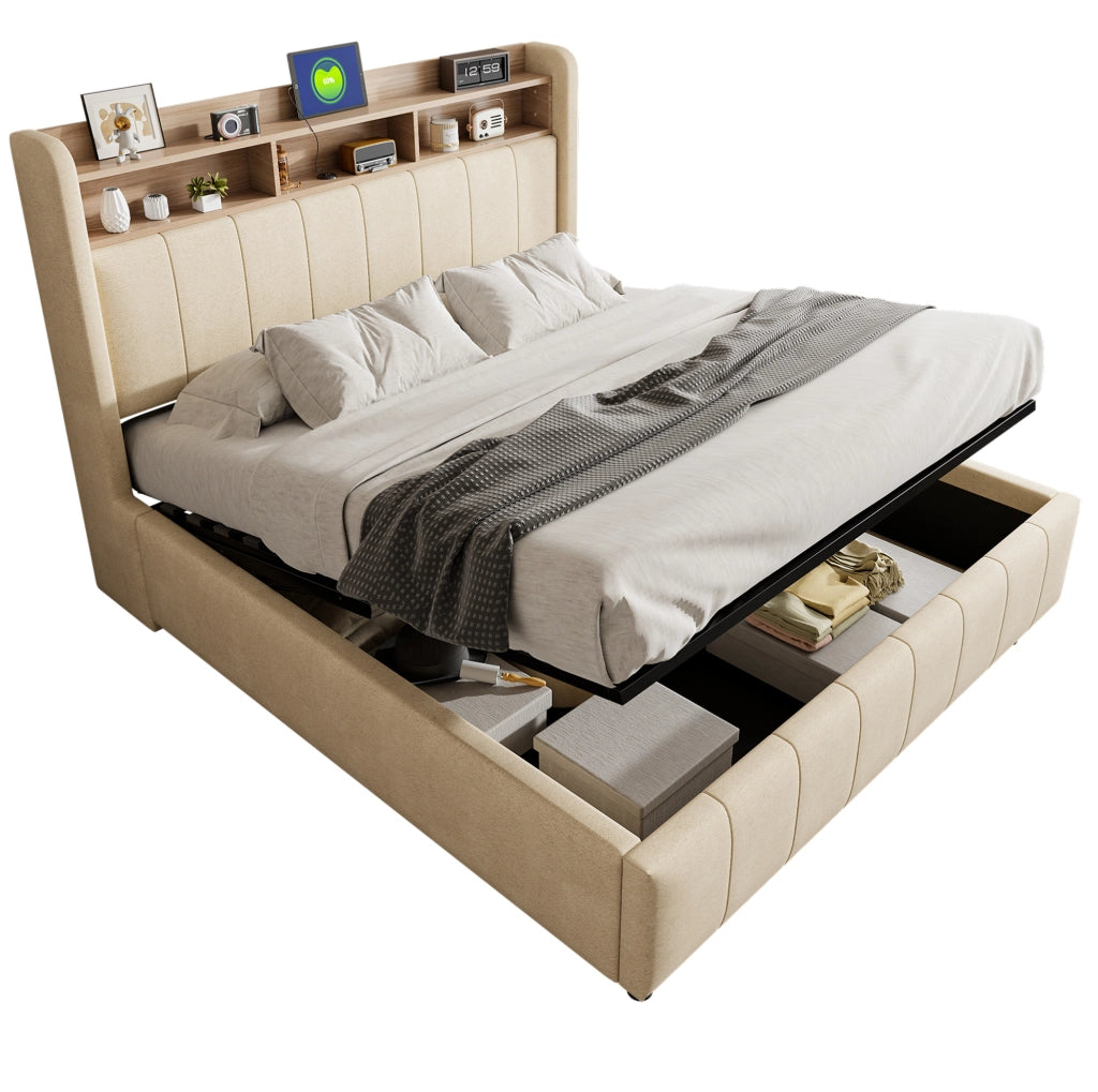Letto matrimoniale imbottito 160x200 cm in tessuto effetto lino beige con LED; USB e contenitore