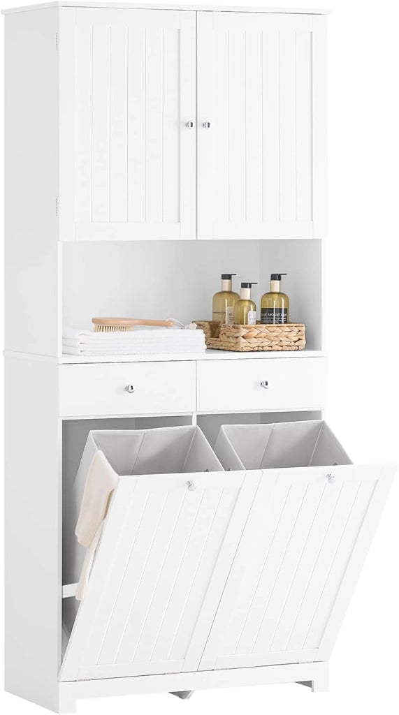 Mobile Bagno Salvaspazio con 2 Cesti Portabiancheria e 2 Cassetti Colonna Bagno Stretta 78x38x181cm Armadietto con Ripiano Aperto e Vano per Famiglie e Piccoli Spazi BZR215-W