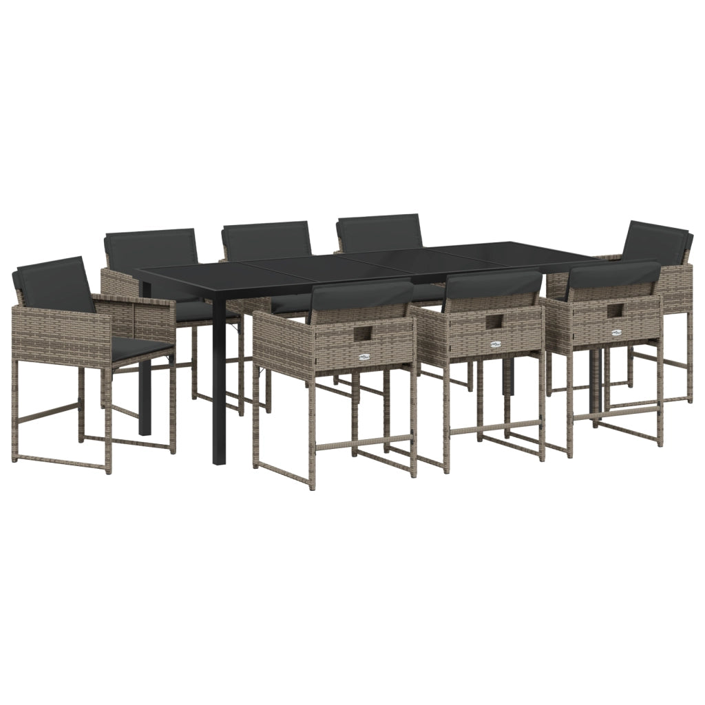 Set da Pranzo per Giardino 9 Pezzi con Cuscini Grigio Rattan PE