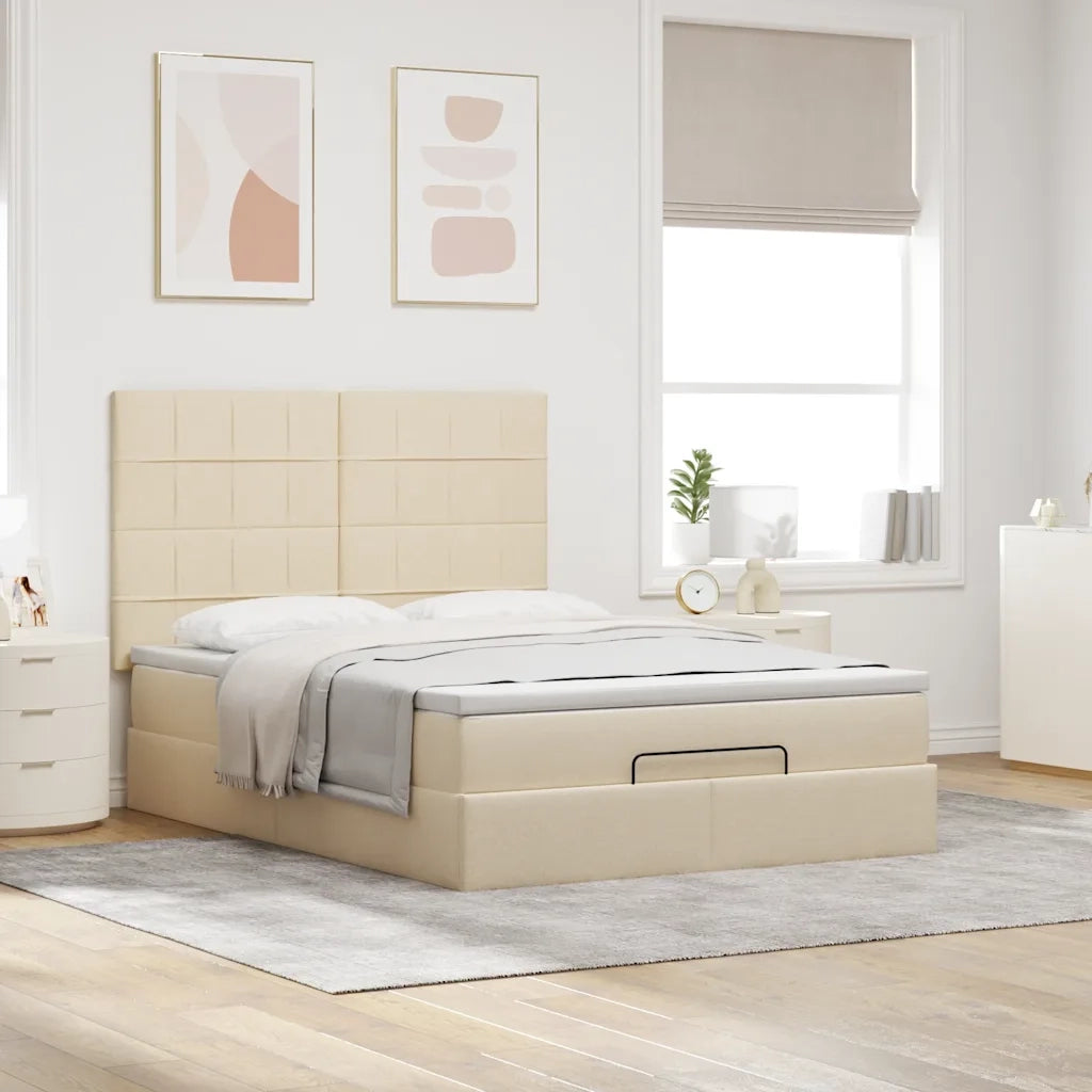 Struttura Letto Pouf con Materasso Crema 140x190 cm in Tessuto