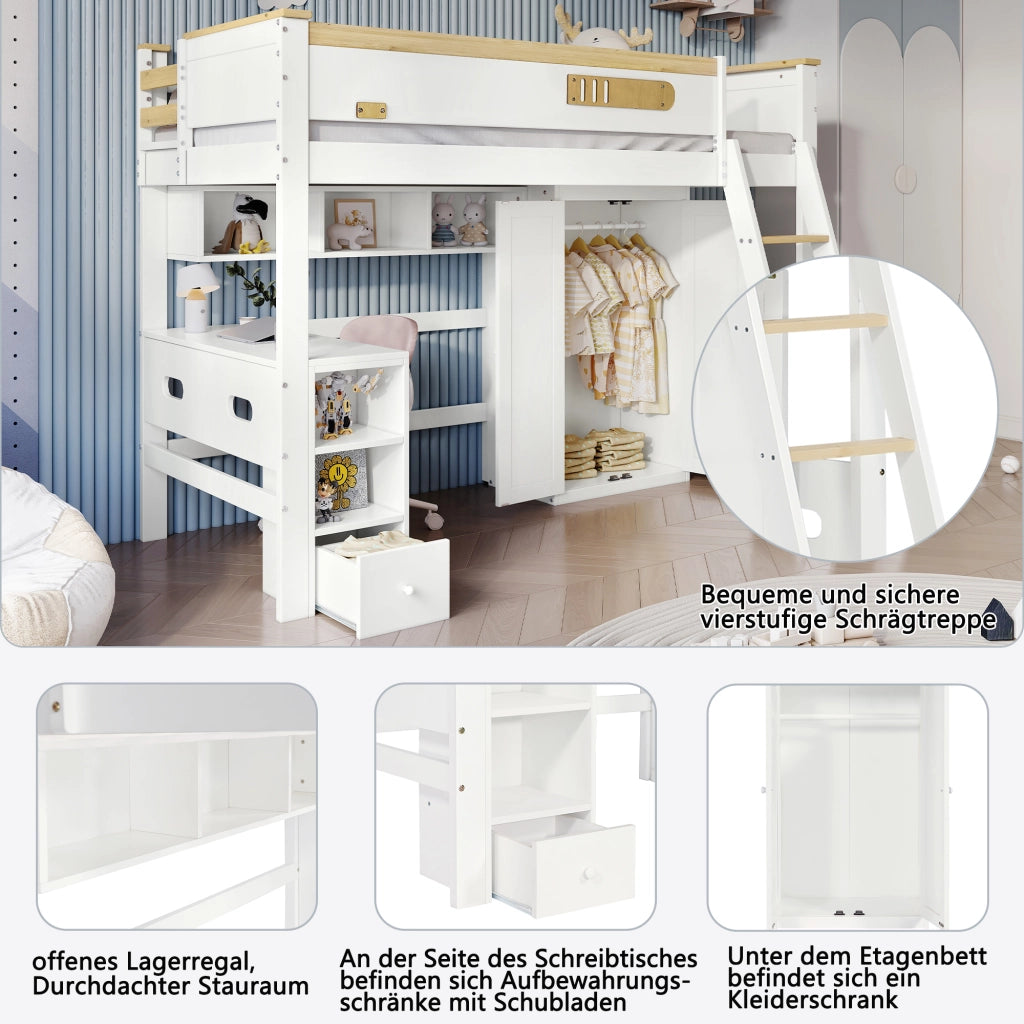 Letto a Castello 90x200 cm - Scrivania; Armadio e Scaffale Aperto - in Legno e MDF - Bianco e Naturale