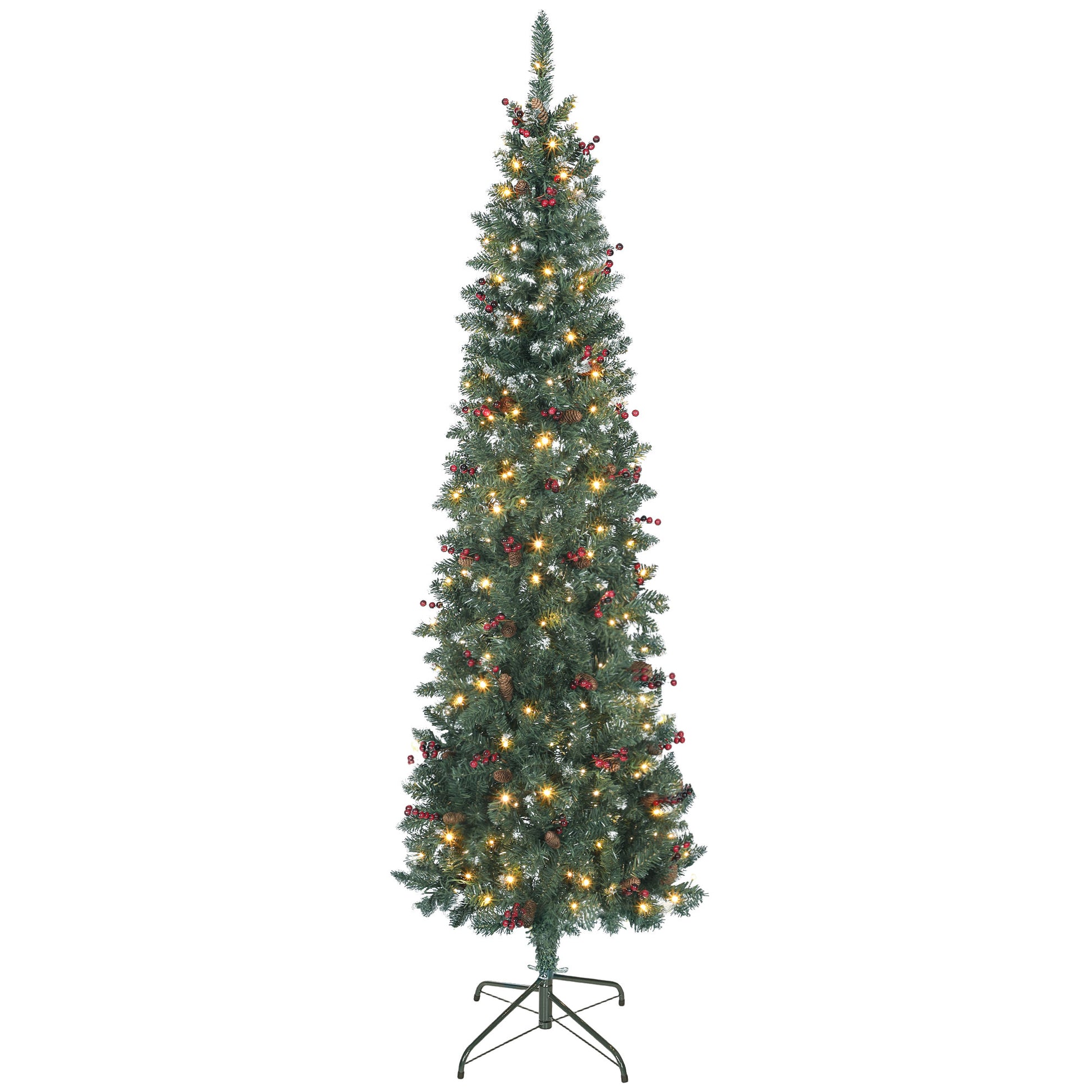 Albero di Natale 210 cm 656 Rami e 300 Luci LED Decorato con 55 Pigne e 55 Grappoli di Bacche Verde e Argento