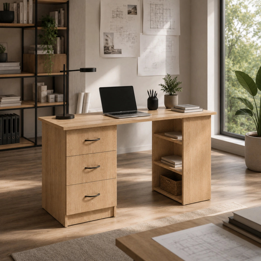 Scrivania Moderna Con 3 Cassetti E 3 Vani A Giorno Scrittoio Struttura In MDF Resistente Design Minimal Ideale Per Ufficio Studio Cameretta E Smart Working 120 x 49 x 72 Cm Rovere
