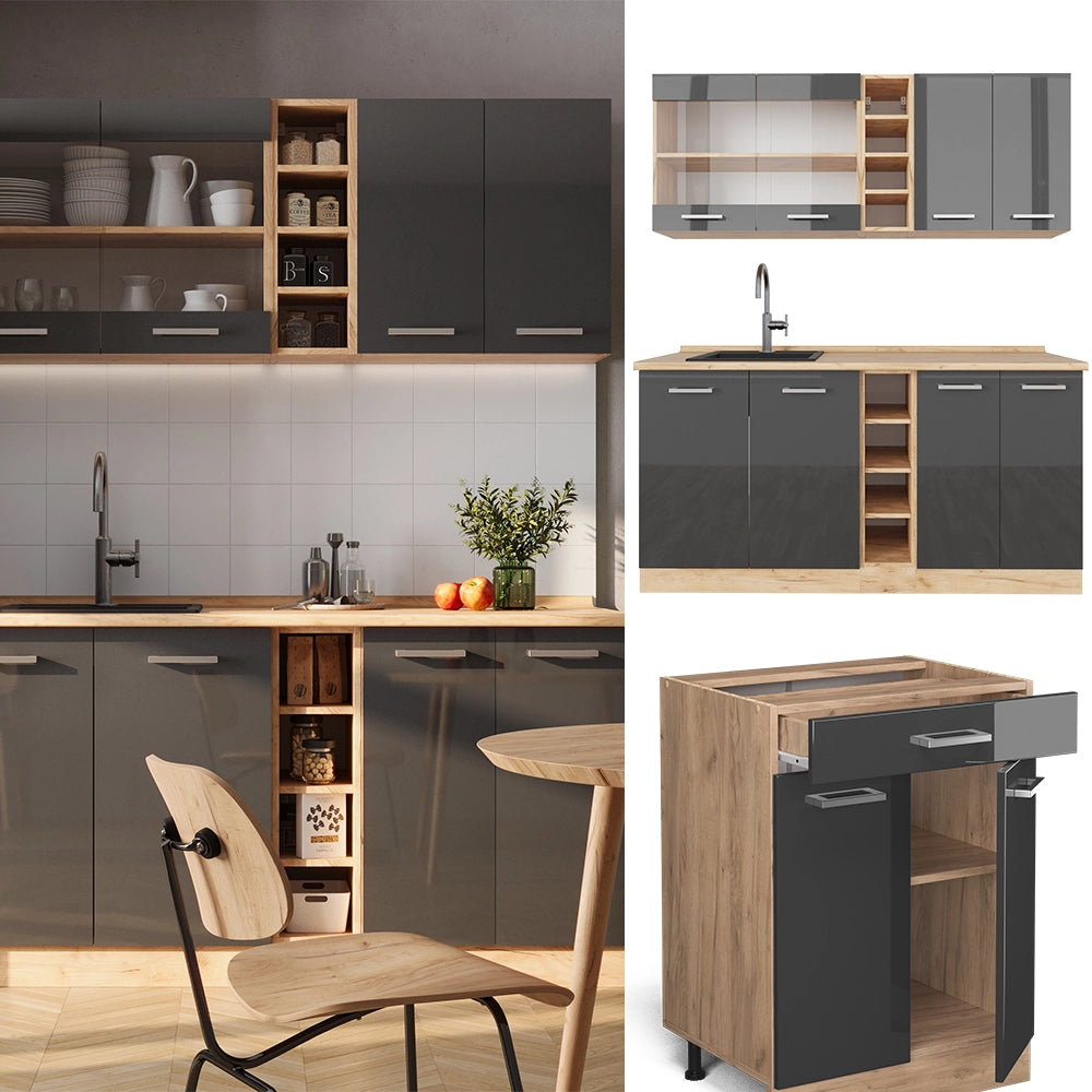 Vicco Cucina completa Antracite lucido/oro power oak 160 cm senza piano di lavoro