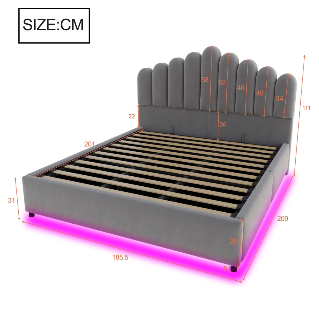Letto imbottito 180x200 cm con contenitore idraulico, testiera imbottita, luce LED e struttura a doghe, colore grigio
