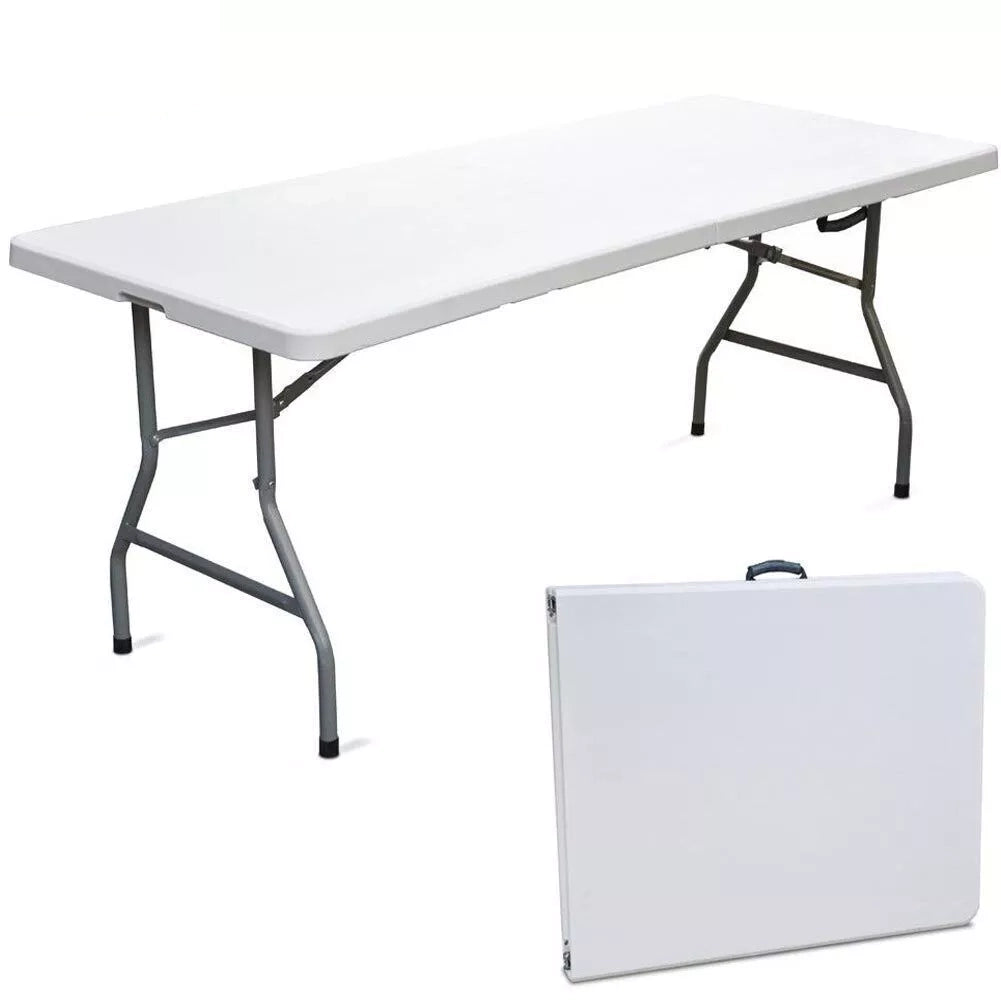 Tavolo Pieghevole Richiudibile a Valigetta in Resina 181x74x74 cm adatto per Campeggio, Eventi, Giardino, Feste, Sagre, Mare Rettangolare Metallo Bianco