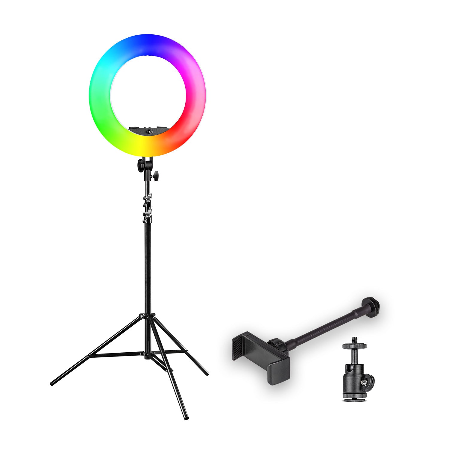 Ring light a LED Rainbow RGB da 60 W con cavalletto fotografico, Luce ad anello per foto e video con supporto smartphone e controllo tramite app