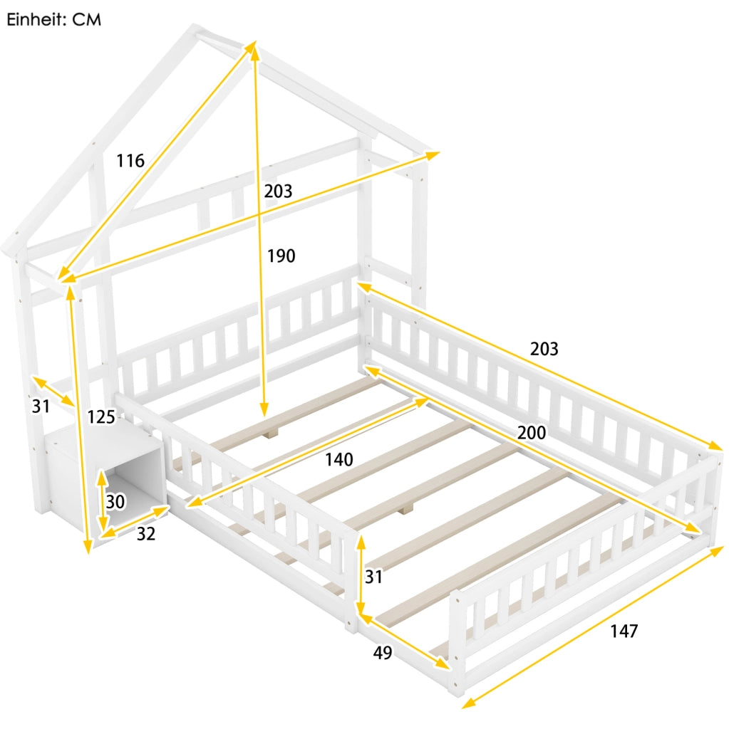 Letto a casetta per bambini 140 x 200 cm con sponda e comodino, bianco