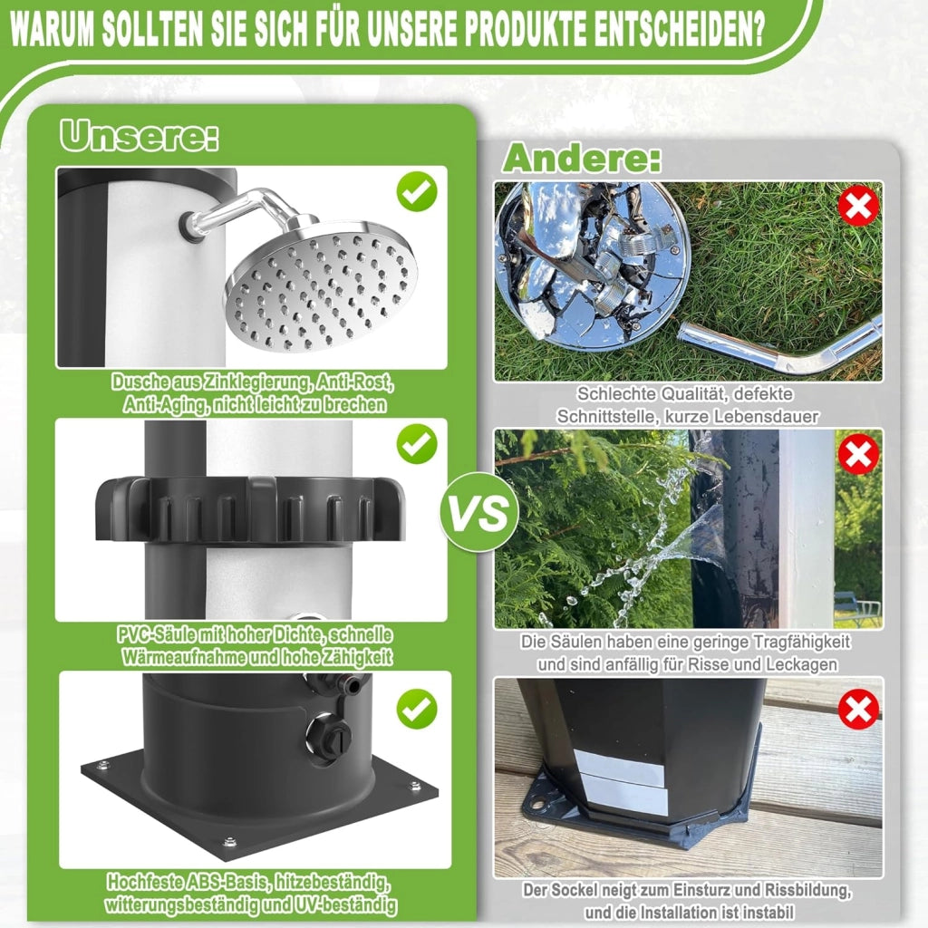 Doccia solare da giardino, 40 l, con cappa protettiva, per esterni, con rubinetto, soffione a pioggia, per giardino, piscina, campeggio, fino a 60 °C, colore: argento