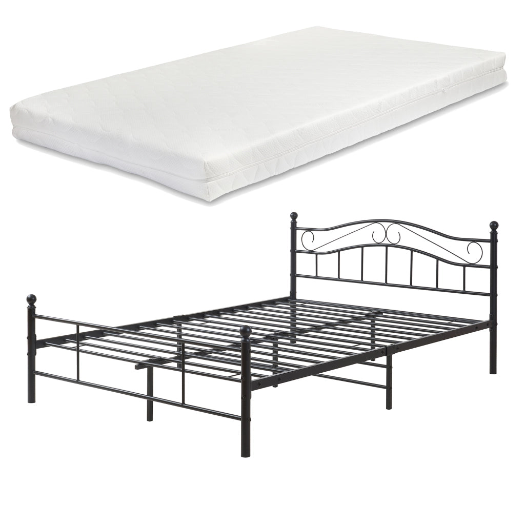 Letto Francese Florenz in Acciaio con Testiera Decorativa e Materasso 140 x 200 cm Nero [en.casa]