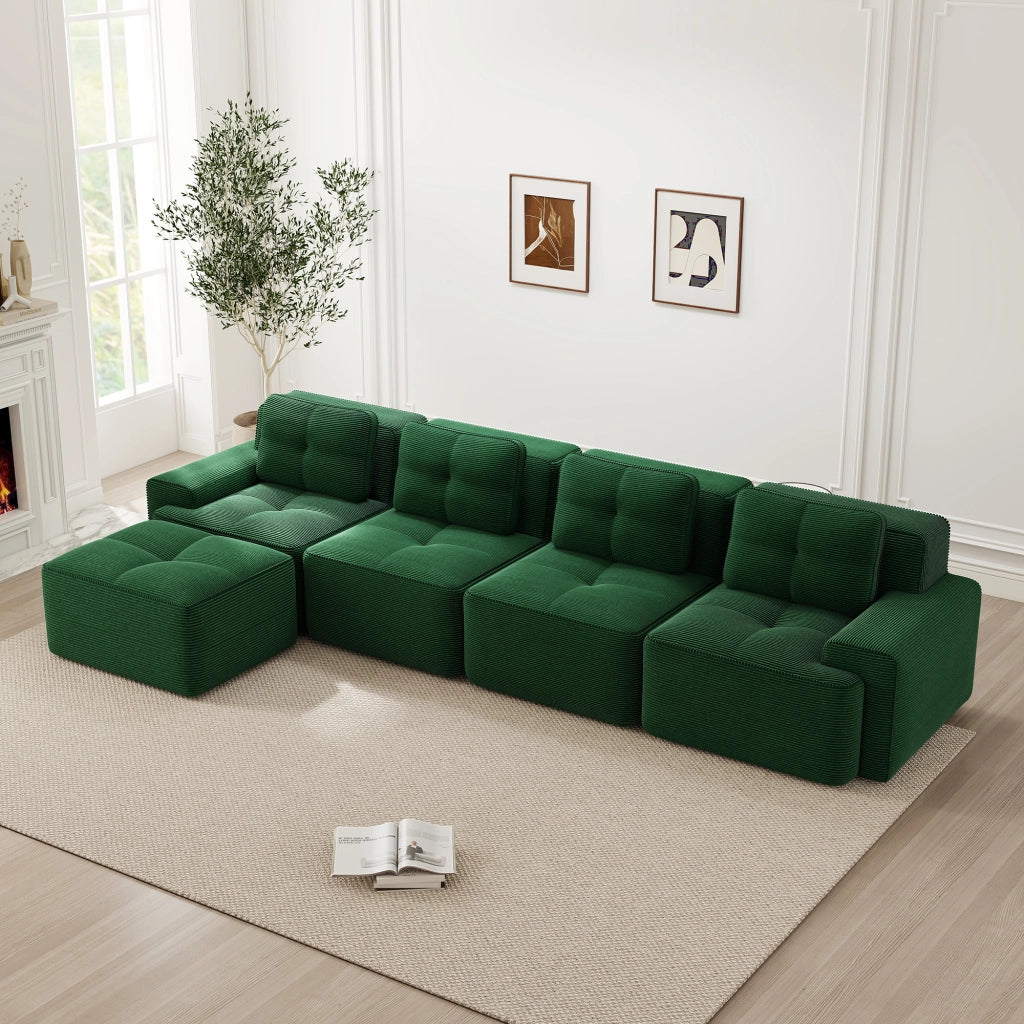 Divano modulare 4 posti - con chaise longue e seduta profonda - in tessuto a coste - verde