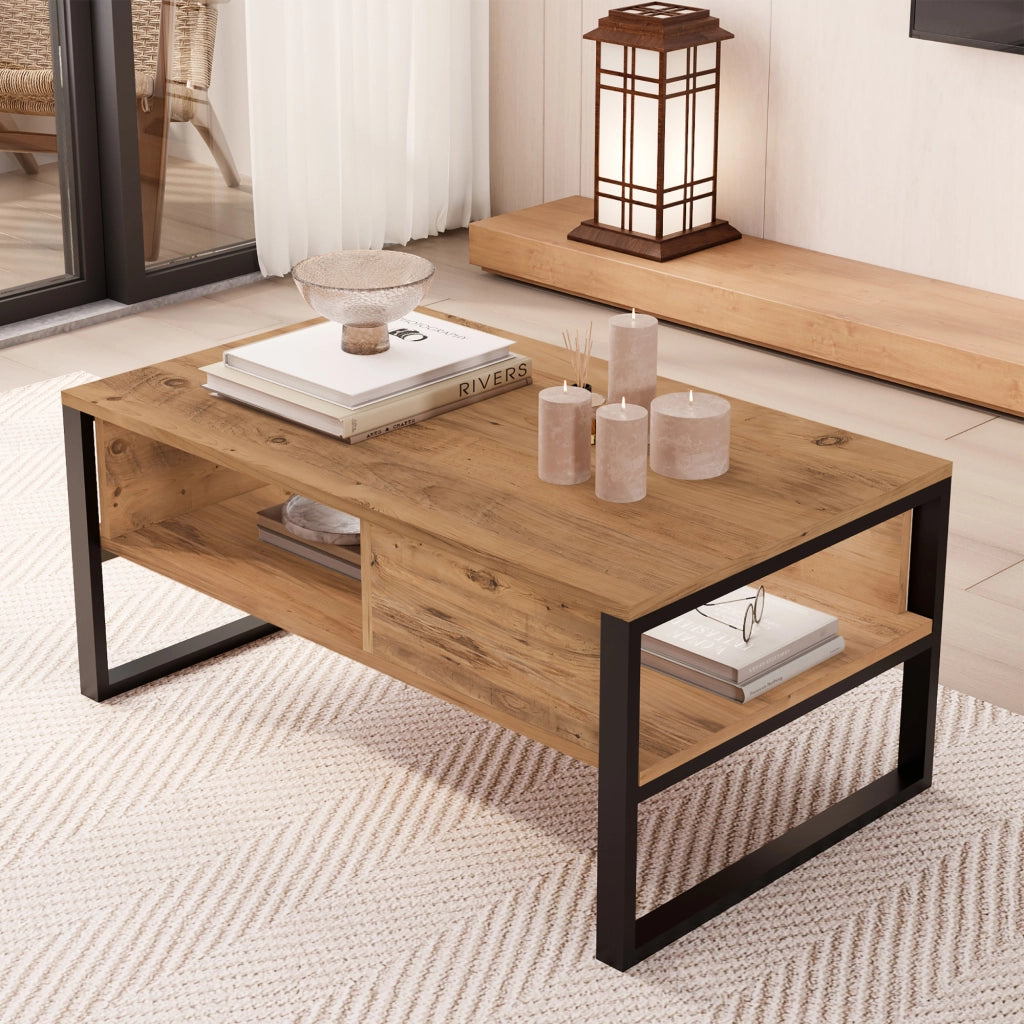 Tavolino Centrale da Salotto Laukaa con Scomparti 45 x 100 x 60 cm Rovere Rustico/Nero [en.casa]