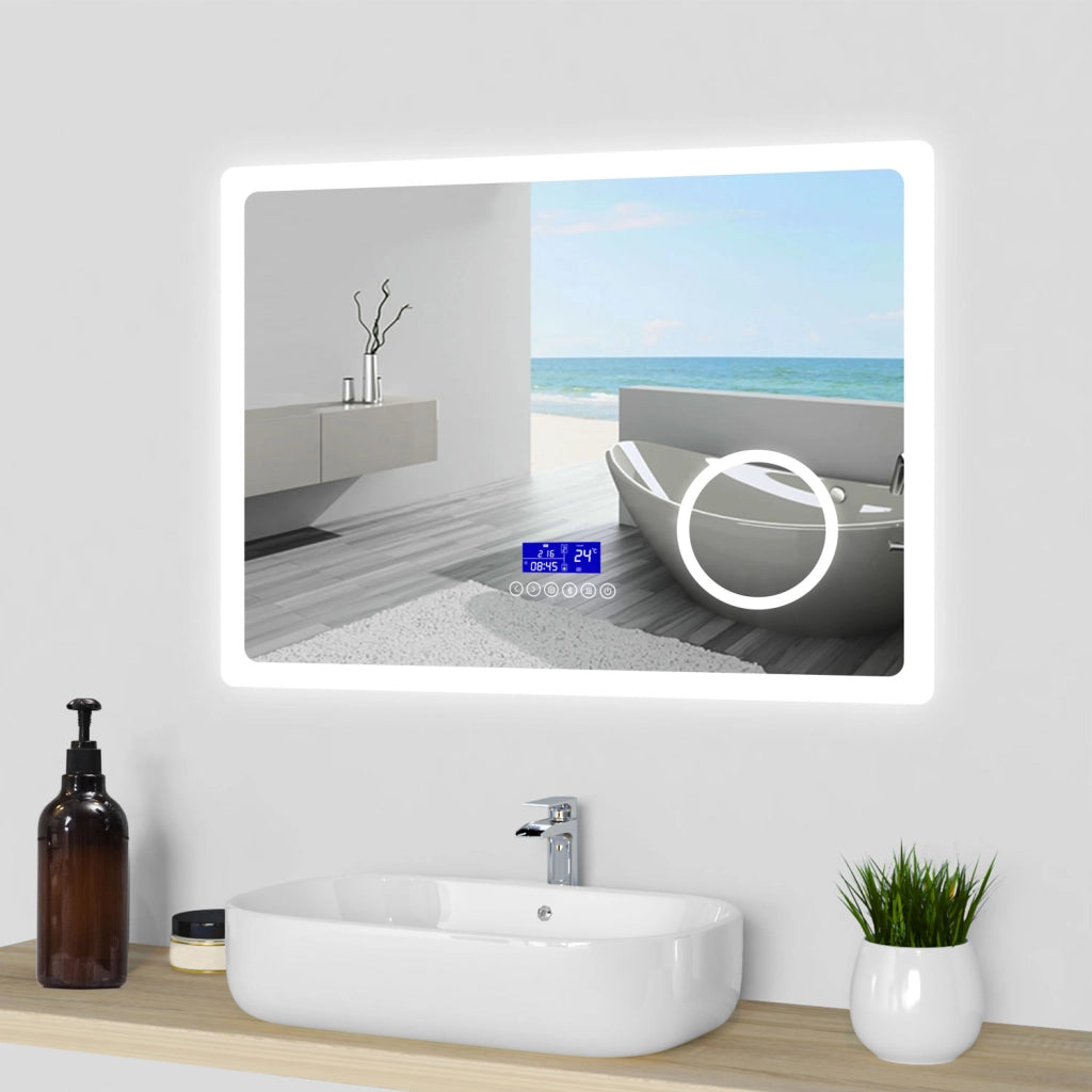 Aica Specchio da bagno bluetooth 80x60cm con antiappannamento + dimmerabile + 3 colori + ingrandimento 3X