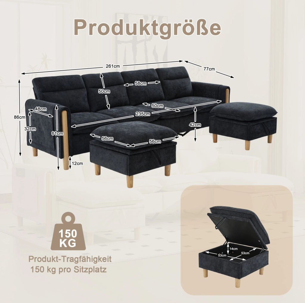 Divano modulare ad angolo a U 4 posti in tessuto Chenille nero con 2 pouf contenitori e gambe in legno