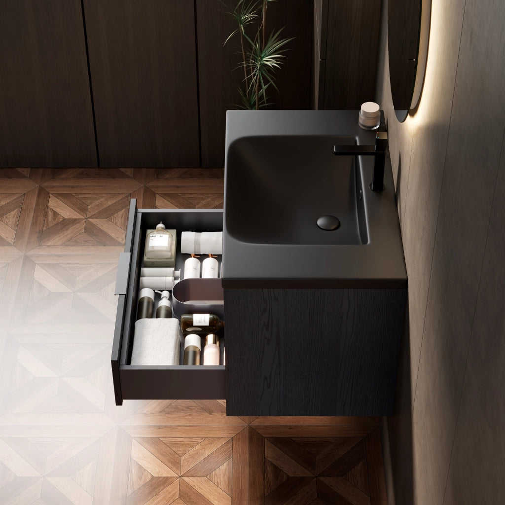 Mobile sottolavabo con lavabo integrato in ceramica, 1 cassetto e 1 vano aperto, per bagno, nero rovere scuro