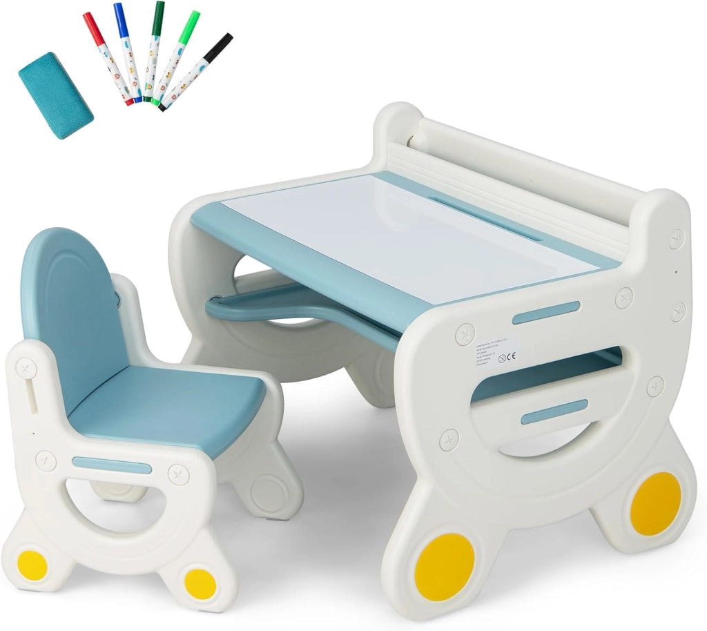 Set Tavolo e sedia per Bambini, Tavolo per Bambini con Sedia, Tavolo da Disegno Cancellabile e Ripiano, per Disegnare, Leggere, Giocare, Ideale per Bambini 3-8 Anni (Brown)