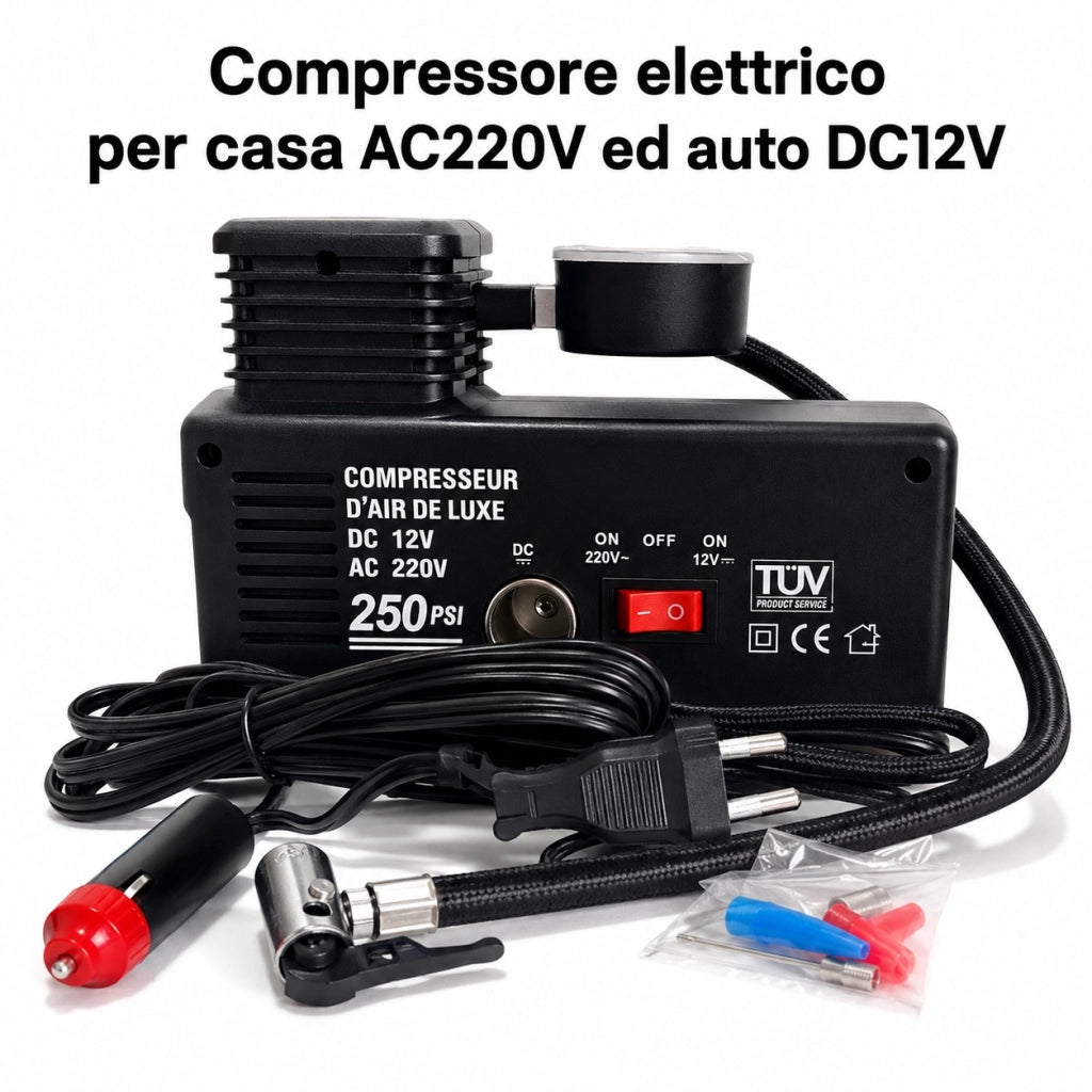 MINI COMPRESSORE PORTATILE CANOTTI AUTO 12V 220V AUTO BICI MOTO 250PSI