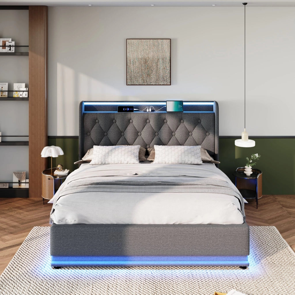Letto matrimoniale 140x200 cm in lino grigio con LED 360; contenitore idraulico e porte USB