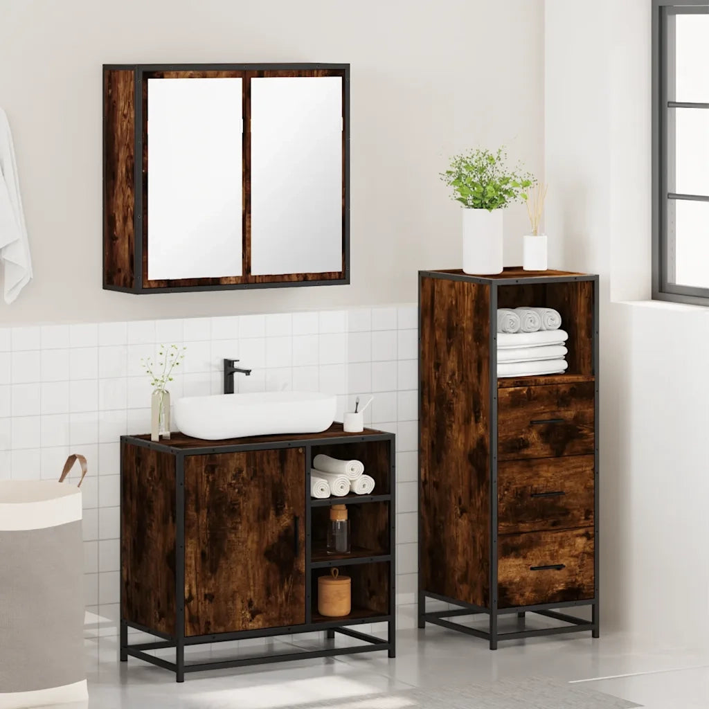 Set Mobili da Bagno 3 pz Rovere Fumo in Legno Multistrato
