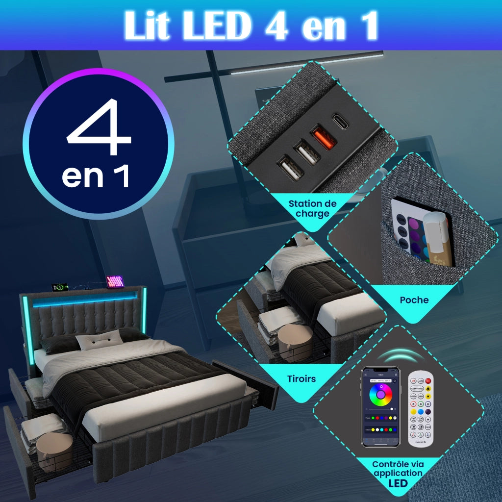 Letto Contenitore 140x200 cm Matrimoniale; USB; Type-C; LED e 4 Cassetti - Grigio