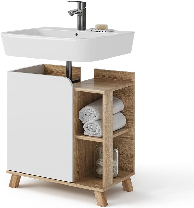Mobile sottolavabo per bagno Karen, Sonoma/Bianco, 60 x 65 cm con anta e vani a giorno, con ritaglio per sifone per il montaggio sotto il lavabo