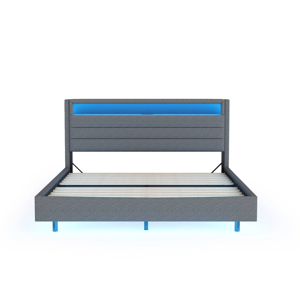 OKWISH Letto Imbottito 160×200 cm, Letto Matrimoniale con USB, LED Regolabile e Testiera Reversibile, senza Materasso, in Tessuto Grigio