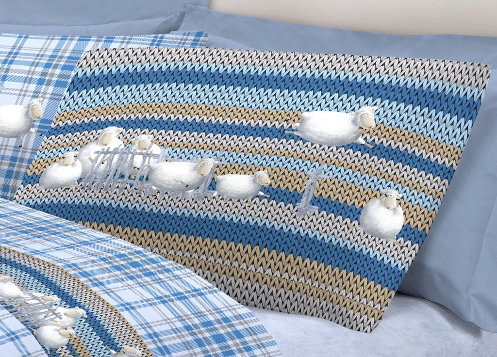 Completo Lenzuola Linea Pensieri Delicati 100% Cotone Disegno Pecorelle - Singolo - Blu