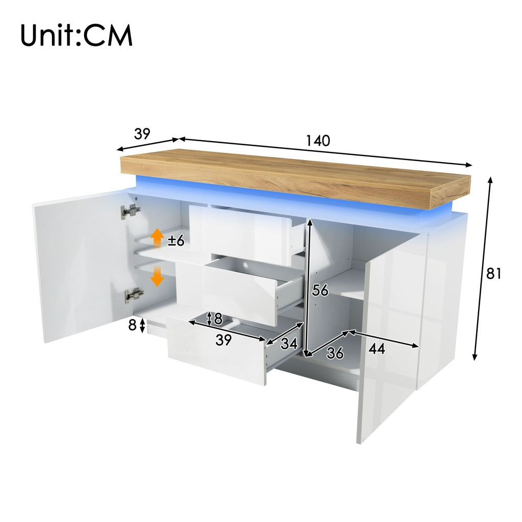 Madia con 2 Ante e 3 Cassetti e LED; Finitura Lucida; Stile Moderno; in Pannelli; Bianco; 140??39??81 cm