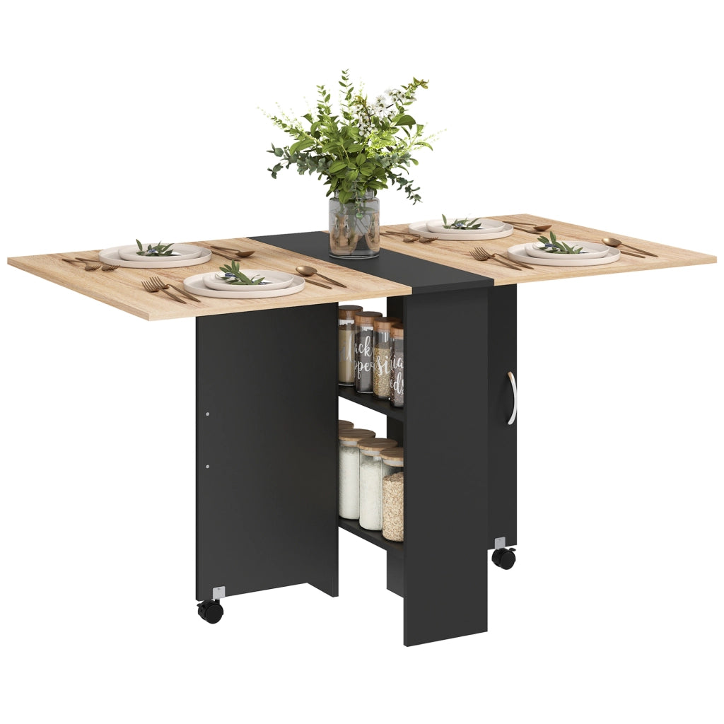 Tavolo Pieghevole Consolle per 4-6 persone con Ruote e Ripiani. 140x75x74cm. Rovere e Nero
