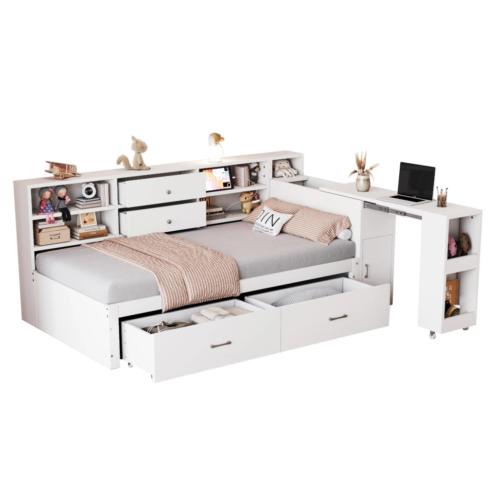 Letto singolo multifunzione 90x200 cm in legno bianco con scrivania estraibile; USB e vani contenitore