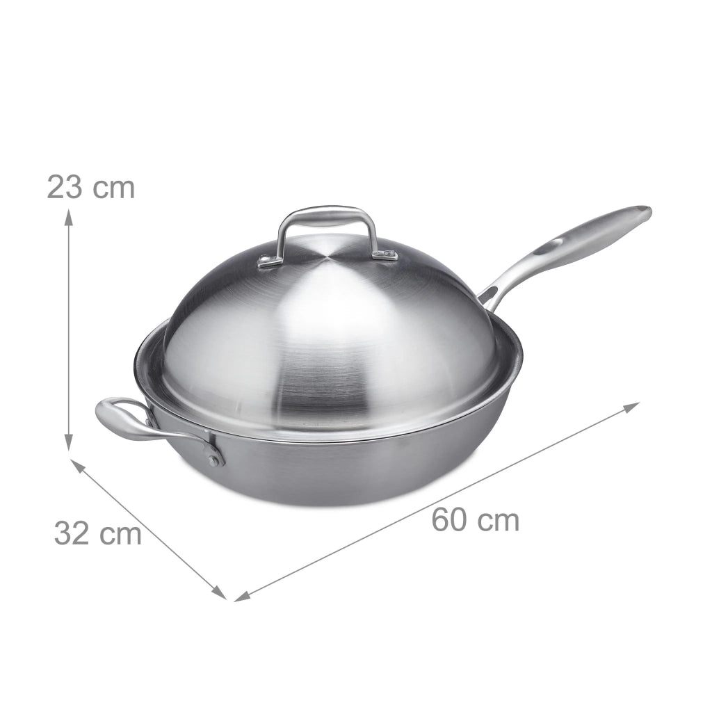 Wok con coperchio in acciaio inox forma arrotondata 30 x 30 x 10 cm ideale per saltati in acciaio inossidabile argentato 13_0011070