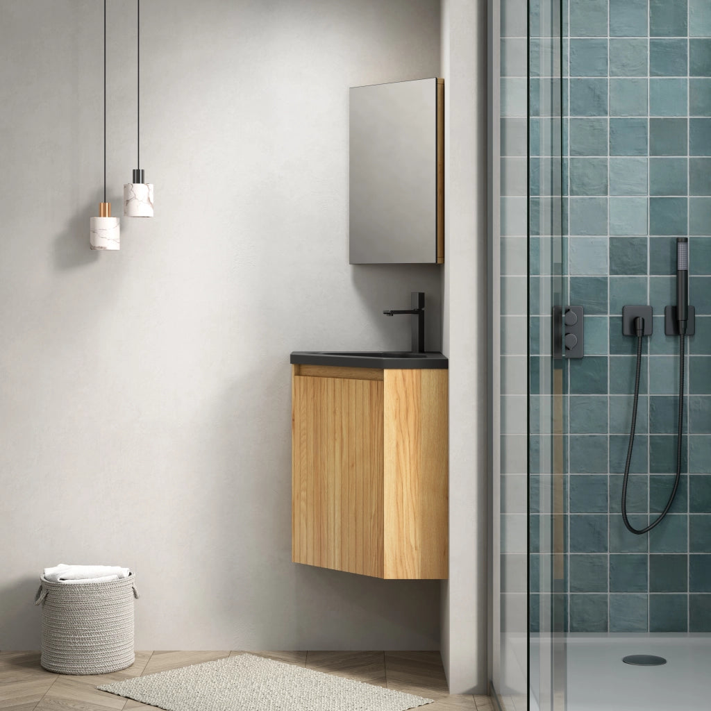 Mobile bagno angolare sospeso con 1 anta e lavabo integrato in resina; per bagno; 47.5×47.5×61.5 cm; nero e rovere