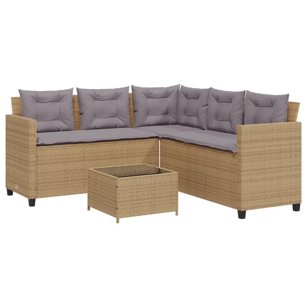 Divano da Giardino con Tavolo e Cuscini a L Beige in Polyrattan 369042