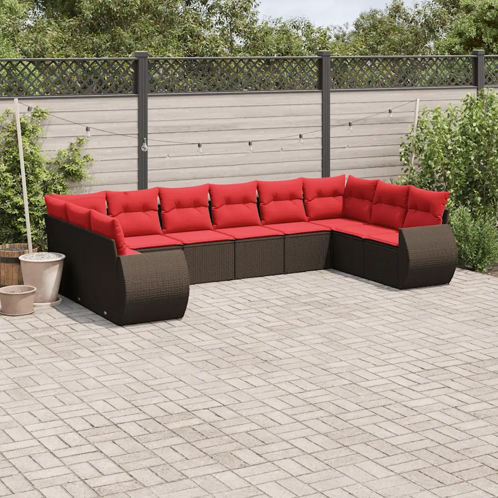 Set Divani da Giardino 10 pz con Cuscini Marrone in Polyrattan 3221873