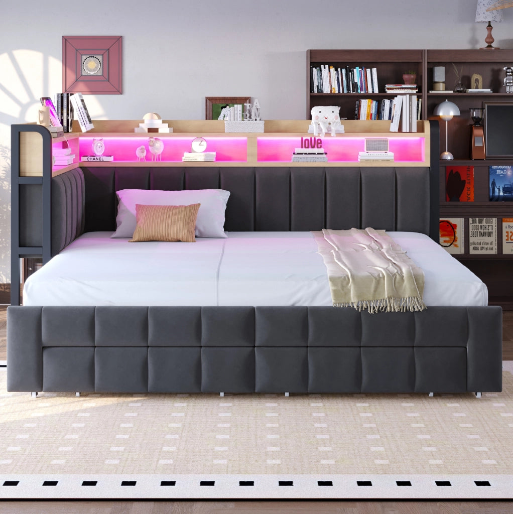 Divano letto 211x105x90 cm trasformabile in letto matrimoniale con cassetti in velluto grigio scuro