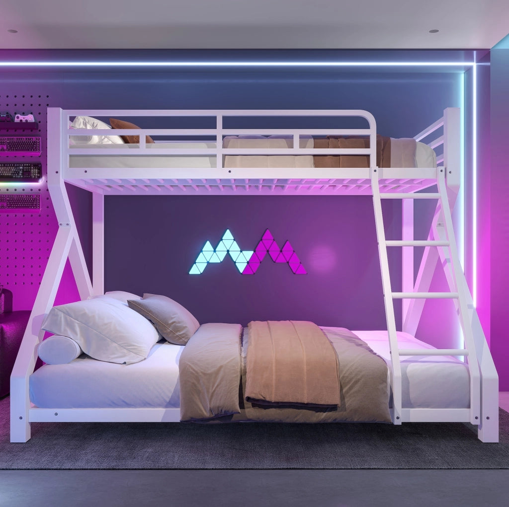 Letto a castello in metallo con LED; 90x200 cm e 140x200 cm; bianco