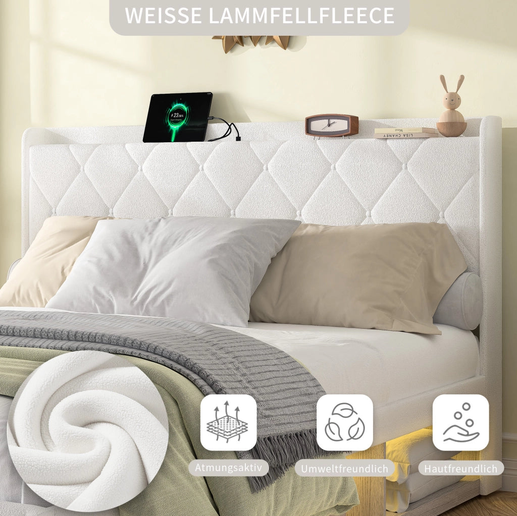 Letto matrimoniale 160x200 cm in teddy bianco con LED e USB