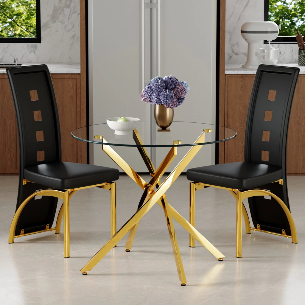 Set tavolo cucina e sedie con tavolo rotondo e 2 sedie imbottite in vetro temperato; similpelle nera e metallo oro