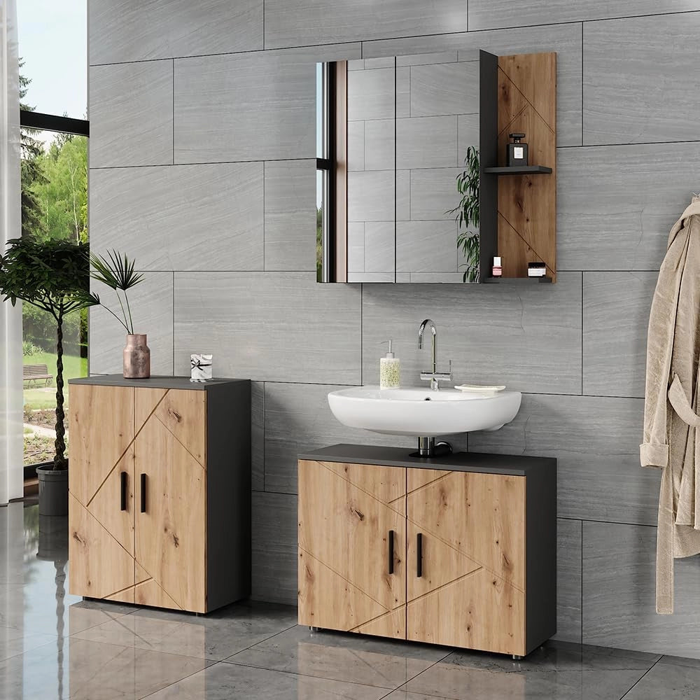 Set di mobili da bagno Irma, Antracite/Artisan, 80 cm, composto da mobile sottolavabo, specchiera e mobile medio
