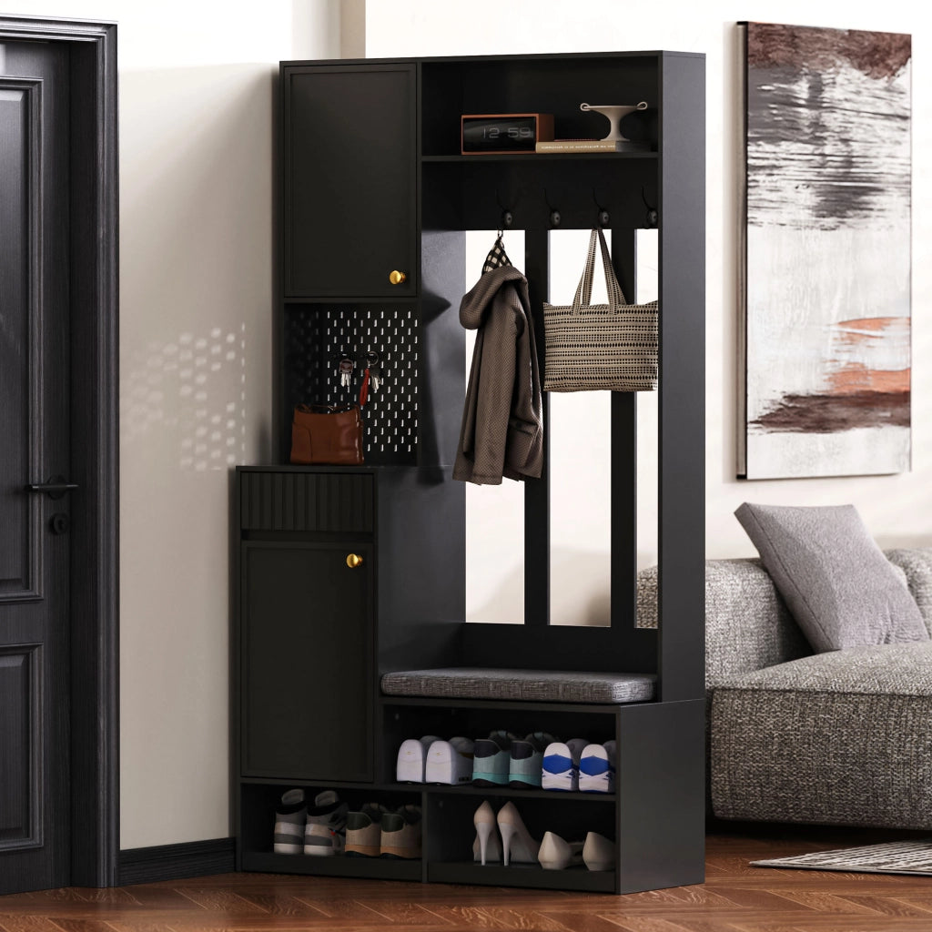 Set guardaroba da ingresso multifunzionale con panca, 4 ganci, cassetti e pannello forato, nero, 100¡Á180¡Á35 cm