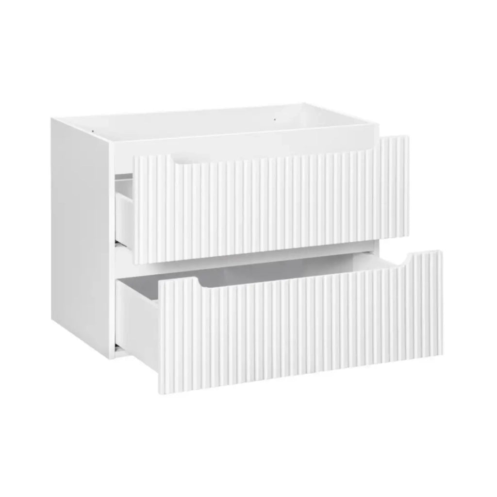 Set da bagno VANO bianco 80cm: mobile sottolavabo con cassetti + piano per lavabo + lavabo da appoggio bianco scanalato