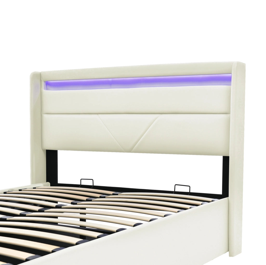 Letto contenitore imbottito 140x200 cm bianco con LED e materasso a molle H3