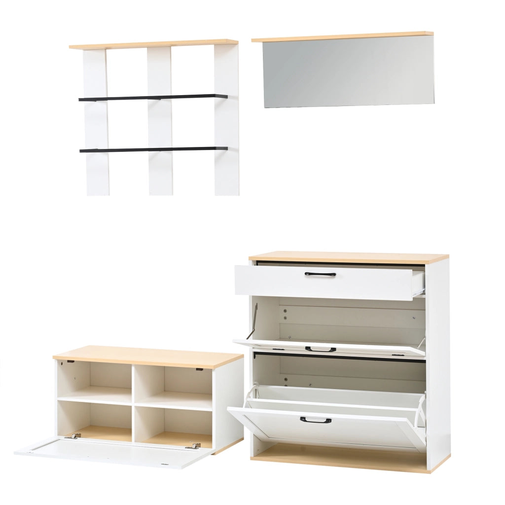 Set ingresso modulare con scarpiera, panca, specchio e appendiabiti, 156x36x176 cm, bianco e legno naturale