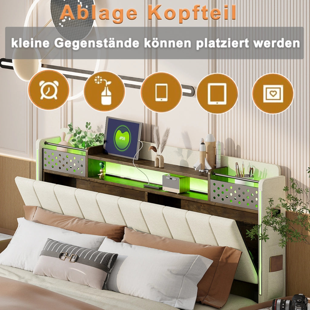 Letto Matrimoniale 140x200 cm; con USB; LED; testiera con vani; Beige