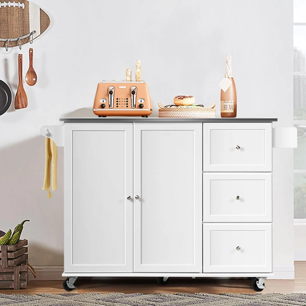 Isola da cucina mobile con piano di lavoro in acciaio inox, carrello da cucina con 3 cassetti e portasciugamani e ripiano regolabile, mobile da cucina su ruote, carrello da cucina 135 x 45,5