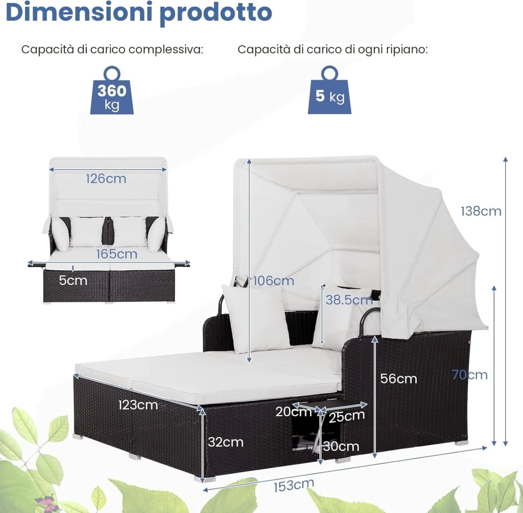 Isola Prendisole in Rattan per 2, Portato fino a 360 kg, Lettino Prendisole con Tettuccio Parasole Pieghevole, Cuscino e Pannelli Laterali, 165 x 153 x 70 cm