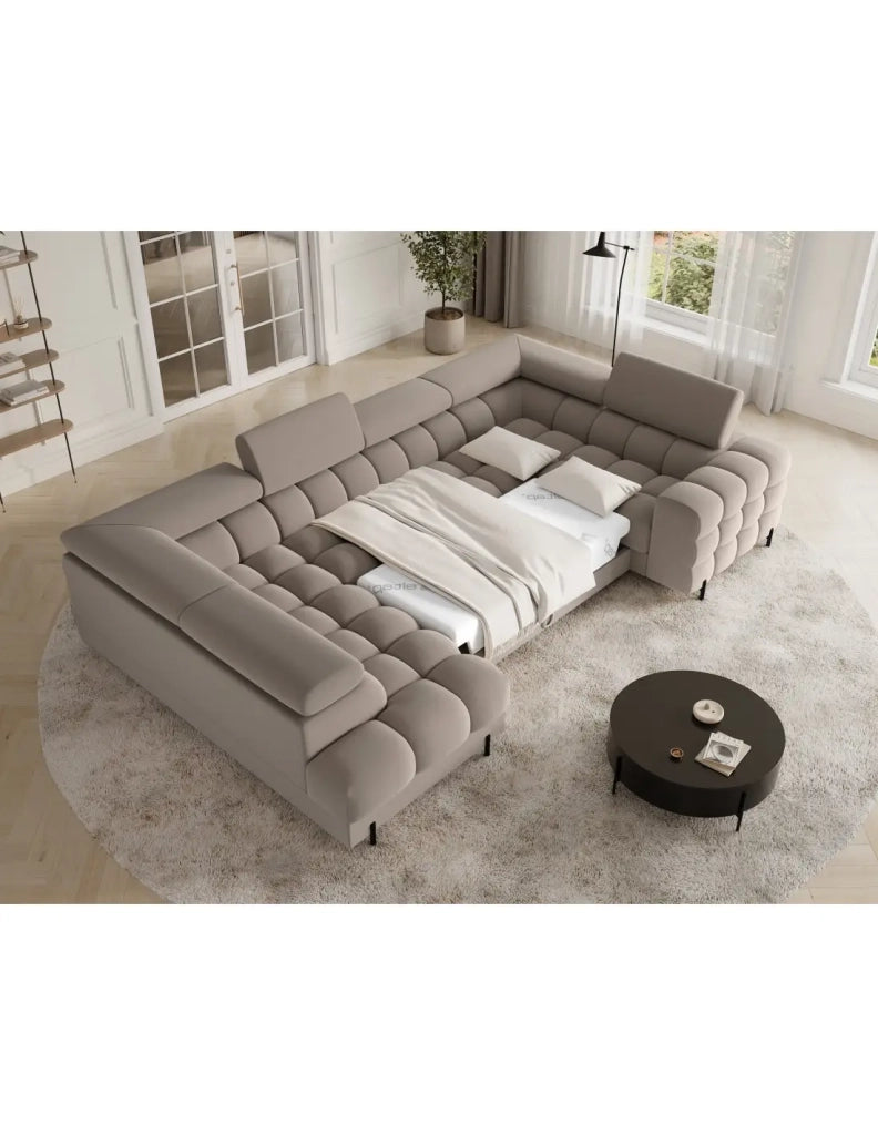 Divano panoramico convertibile FACTORY 3 posti beige – angolo sinistro con vano contenitore – versione 2