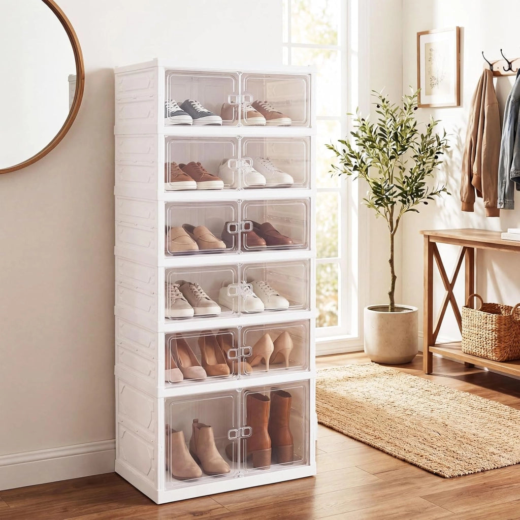 Scarpiera Salvaspazio Pieghevole, Scatole per Scarpe a 6 Livelli per 12 Paia con Porte Magnetiche Trasparenti, Portascarpe per Ingresso, Soggiorno e Camera da Letto, 45 x 35 x 117 cm