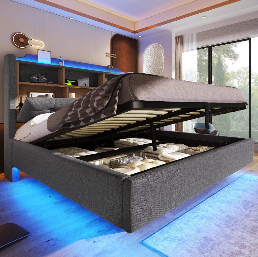 Letto imbottito 140x200 cm con LED; contenitore idraulico; USB e Type-C; lino e MDF; grigio
