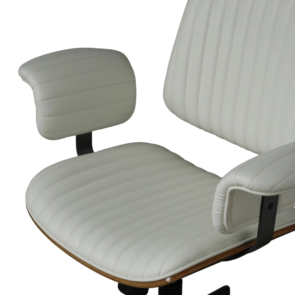 Poltrona da ufficio girevole in pelle PU beige con braccioli imbottiti e base in metallo